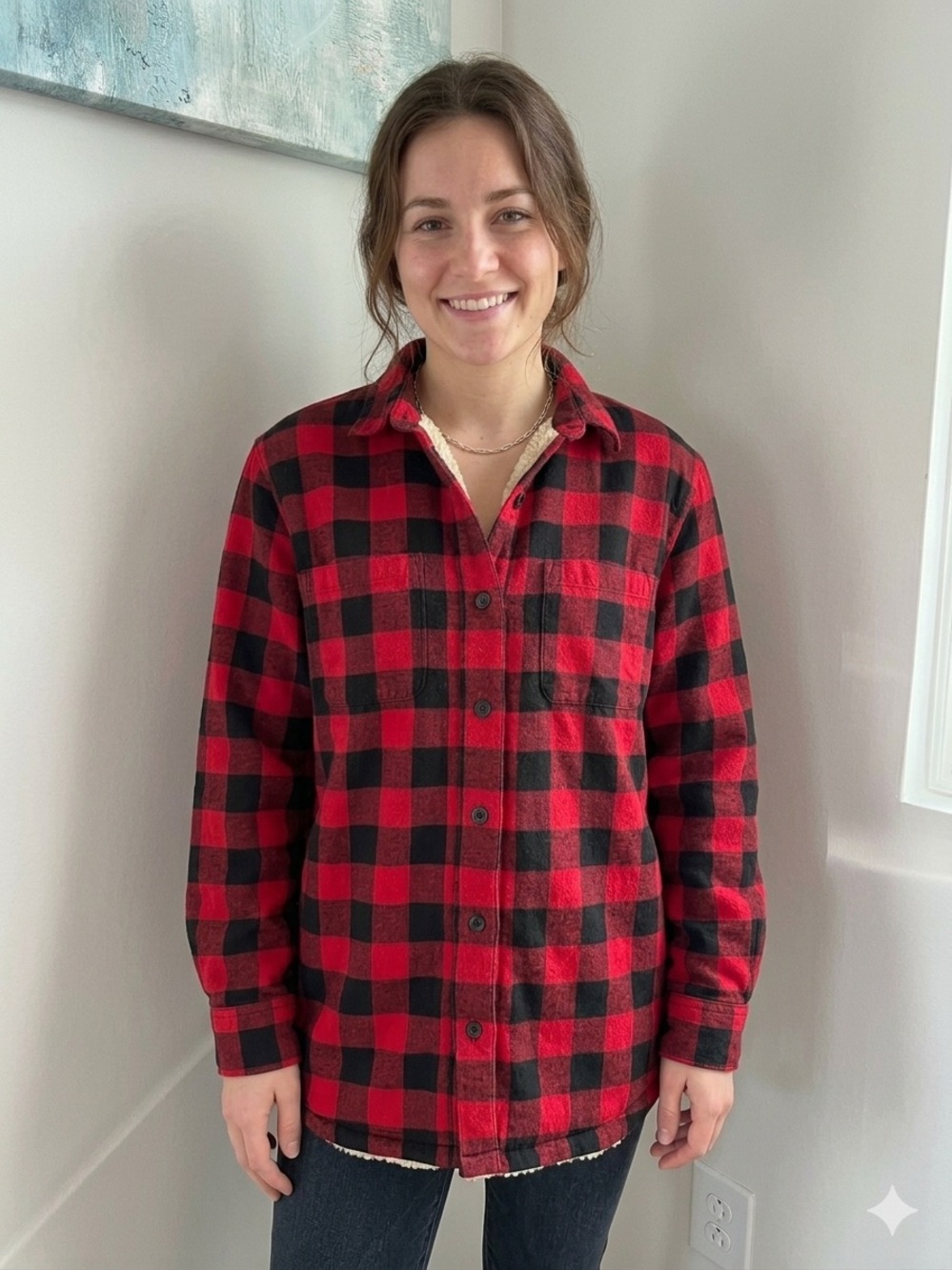 J. Crew Red and Black Buffalo Check Button-Up Lined Sherpa Shirt Jacket S
